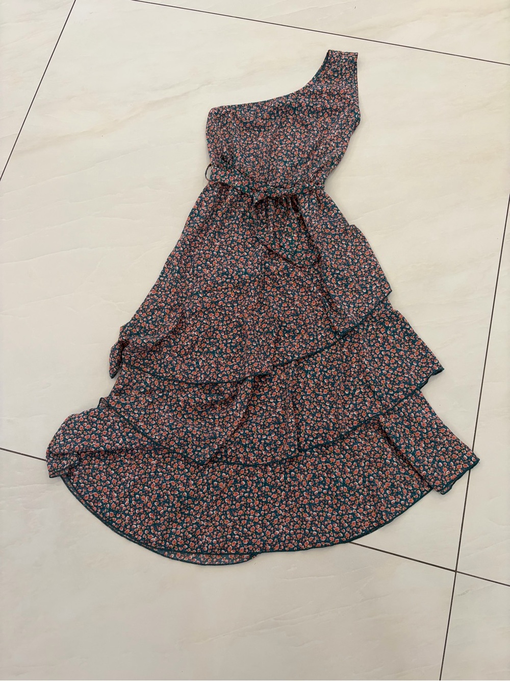 Women’s One-Shoulder Tiered Floral Dress in Navy and Coral